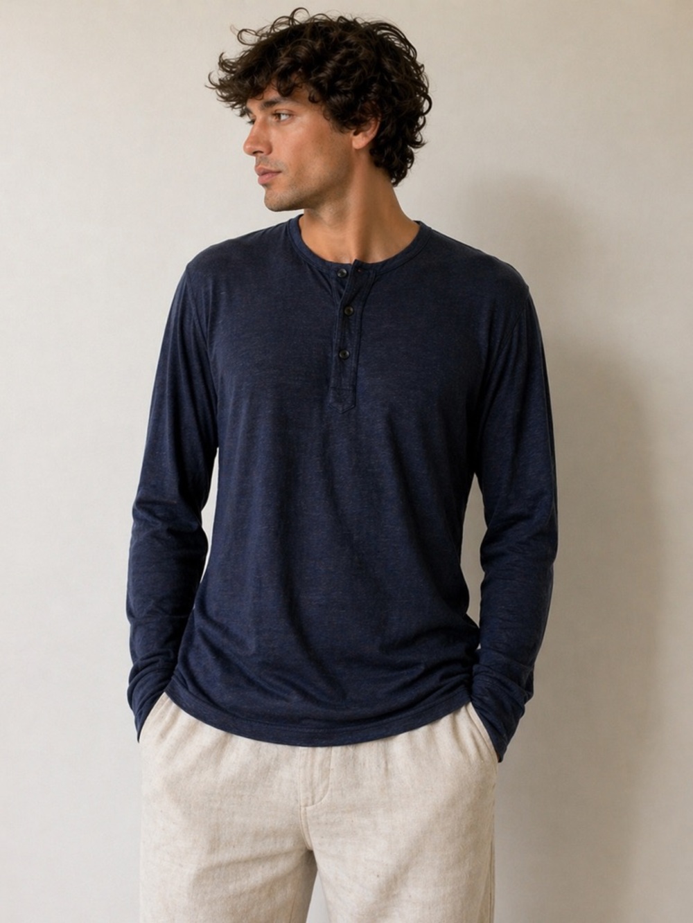 Ermenegildo Zegna 100% Linen Henley Long Sleeve Navy Shirt Size XL Luxury $950
